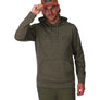 Man wearing a green hoodie and cap with a brand logo on a white background