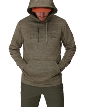 Person wearing a brown hoodie with Simms branding on a white background