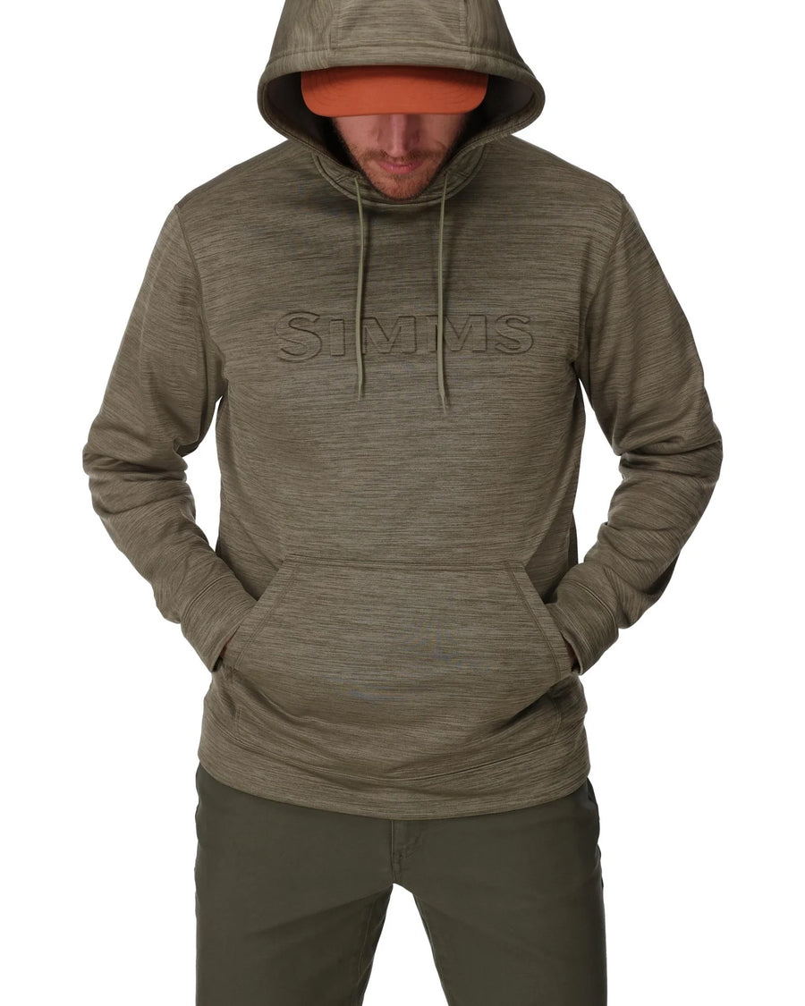 Person wearing a brown hoodie with Simms branding on a white background
