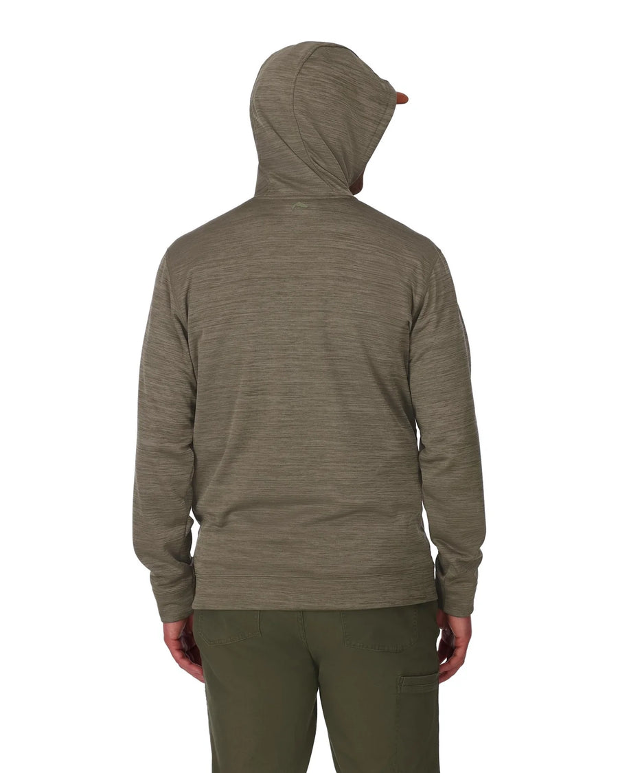 Back of Simms Men's Challenger Loden hoodie worn by a person on a white background